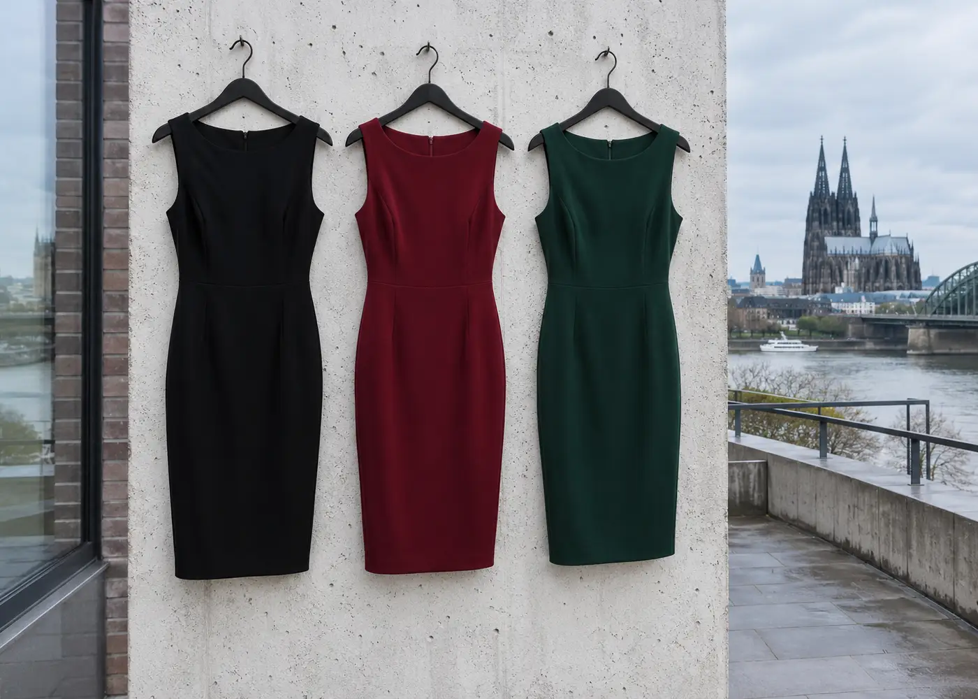 Drei Etuikleider in Schwarz, Bordeaux und Flaschengrün hängen an einer Betonwand, rechts der Blick auf Rhein und Dom