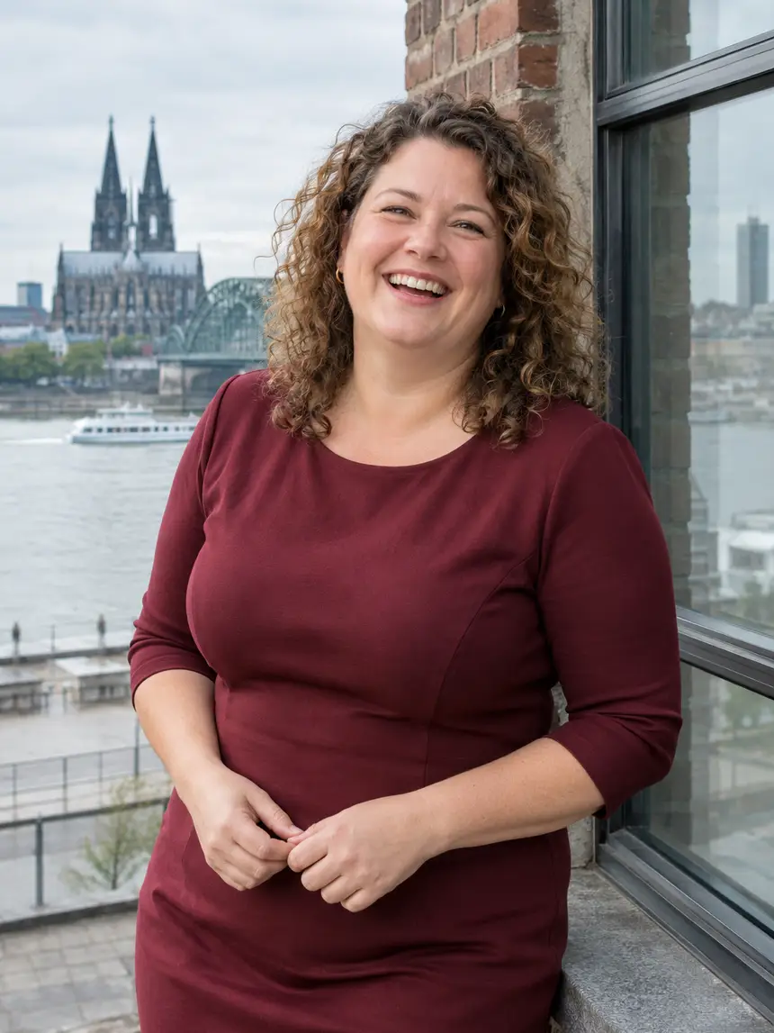 Lachende Frau mit Locken in einem bordeauxroten Etuikleid an einem Fenster mit Blick auf den Rhein